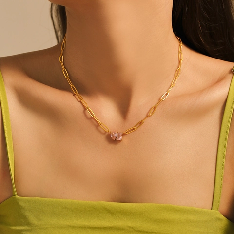 Sweet 18K Gold Plated Stainless Steel Paperclip Chain Necklace For Women Geometric Heart Rectangular Zirconia Pendant Jewelry