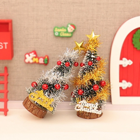 Mini Christmas Tree Desktop Ornament With Wood Base Gold Star Colorful Tinsel For Dollhouse Decor Holiday Decoration