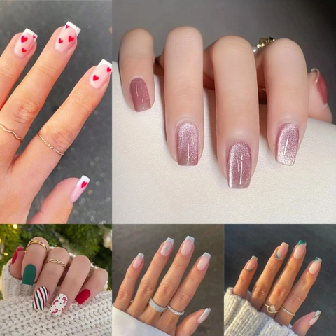 Press On Nails Künstliche Nägel ABS Künstliche Maniküre Katzenauge Französischer Stil Lang Quadratisch Mandel Tragbar Damen