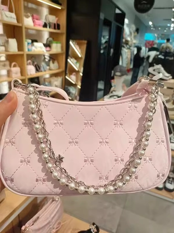 Bolso De Axila Acolchado Baguette Cuir PU Con Cadena De Perlas Artificiales Metal Bordado De Lazo Estilo Y2K Bolso De Hombro