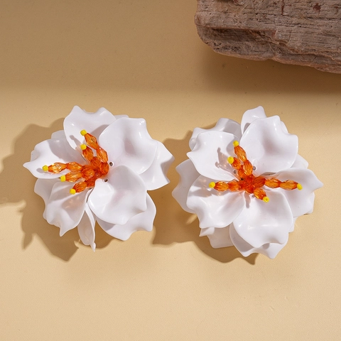 Große 3D Weiße Blumenohrringe Mit Silbernem Ohrstecker Übertriebene Acryl Glasperlen Elegante Urlaubsstil Für Frauen