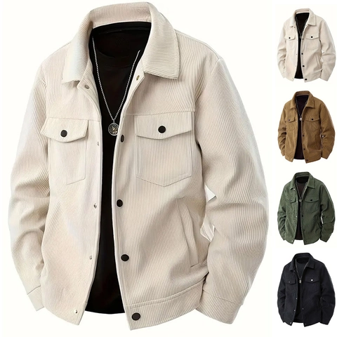 Veste En Velours Côtelé Vintage Pour Hommes Décontracté Manches Longues Revers Simple Boutonnage Cargo Avec Poches