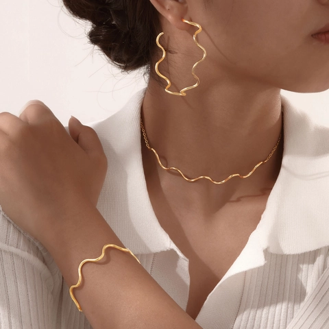 Wavy Stainless Steel Gold Plated Choker Necklace Hoop Earrings Open Cuff Bracelet Minimalist Jewelry Women