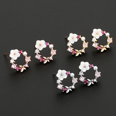 Flower Wreath Stud Earrings Copper Zircon Shell Faux Artificial Pearl Butterfly Silver Earring Post Elegant Romantic Women Jewelry
