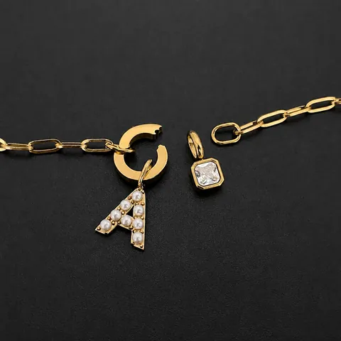 Roestvrij Stalen Letter Halsketting Voor Vrouwen Vergulde Paperclip Ketting Gepersonaliseerde Alfabet Hanger Met Kunstparel Strass DIY Sieraden