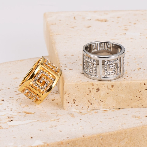 Anillo De Acero Inoxidable 304 Circonita Brillante Banda Ancha Patrón Meandro Geométrico Hueco Joyería Moda Para Mujeres