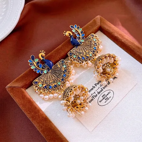 Boucles D'oreilles Jhumka Paon En Émail Vintage Avec Gland En Künstliche Perle Imitation Alliage Strass Style Ethnique Pour Femmes