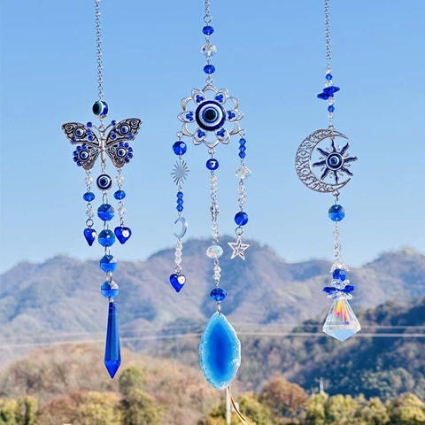 Blue Evil Eye Crystal Suncatcher Hanging Ornament Butterfly Moon Sun Metal Glass Prism For Window Garden Decor