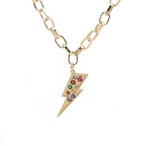 Collana Con Pendente Fulmine Hip Hop Rame Placcato Oro Con Gemme Colorate Catena A Graffetta Gioielli Punk