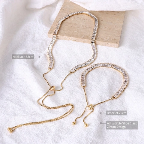 Stainless Steel 18K Gold Plated Necklace And Bracelet Rectangular Cubic Zirconia Adjustable Sliding Clasp Women Jewelry