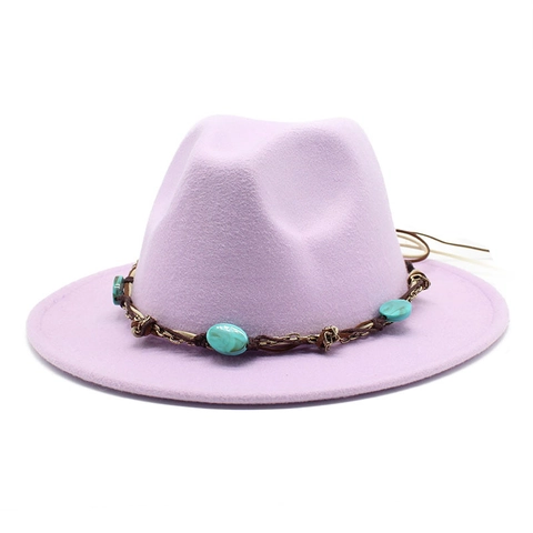 Woolen Felt Fedora Hat Wide Brim Bohemian Ethnic Turquoise Ornament Jazz Hat Western Style Retro Fashion Accessory