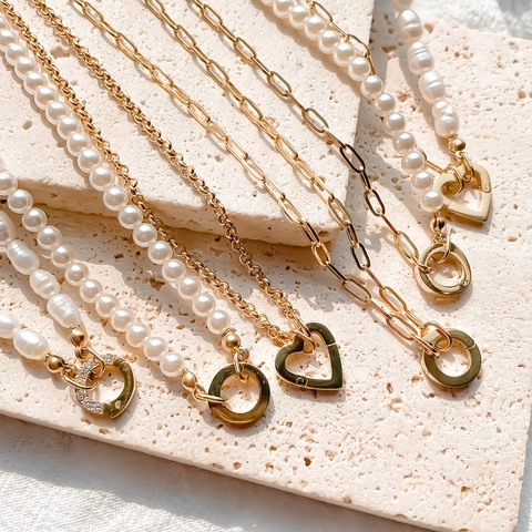 Vintage Stainless Steel Artificial Pearl Splicing Necklace For Women Retro Heart Clasp Rhinestone Buckle DIY Jewelry Chain