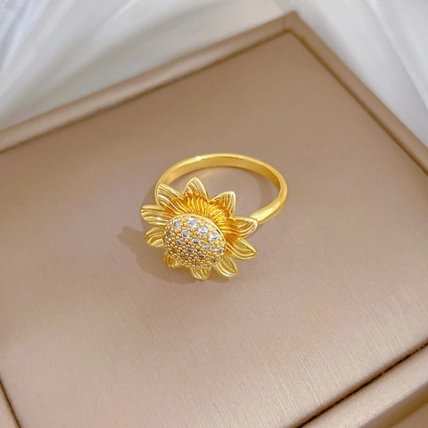 Sonnenblume Rotierender Offener Ring Gold Überzogenes Messing Zirkon Verstellbarer Japanischer Stil Schmuck