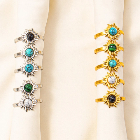 Sunburst Open Ring 304 Stainless Steel Adjustable Band Geometric Bohemian Vintage Turquoise Marble Stone Jewelry Women