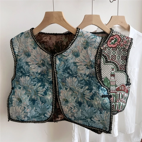 Ethno-Stil Bestickte Weste Schal Für Damen Vintage Jacquard Blumen Geometrisch Ärmellos Schultertuch