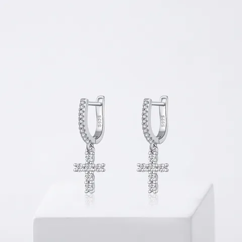Pendientes De Aro Con Charm De Cruz De Plata De Ley 925 Moissanite Color D VVS1 Pavé Circonita Joyería Elegante