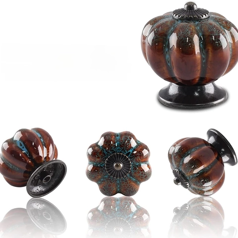 Pumpkin Shape Cabinet Knobs Glazed Ceramic Zinc Alloy Drawer Pulls Wardrobe Handles Vintage American Style Furniture Hardware