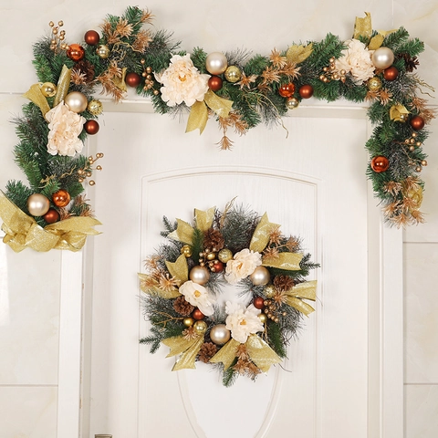 Artificial Christmas Wreath Pine Cones Gold Ribbon Satin Flower LED Light Wall Hanging Festive Home Door Decor Ornament