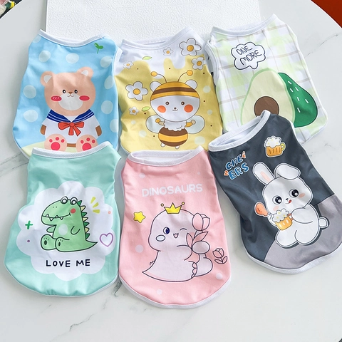 Pet Dog Vest Summer Breathable Mesh Shirt Cartoon Printed Sun Protection Clothing For Small Dogs Cats