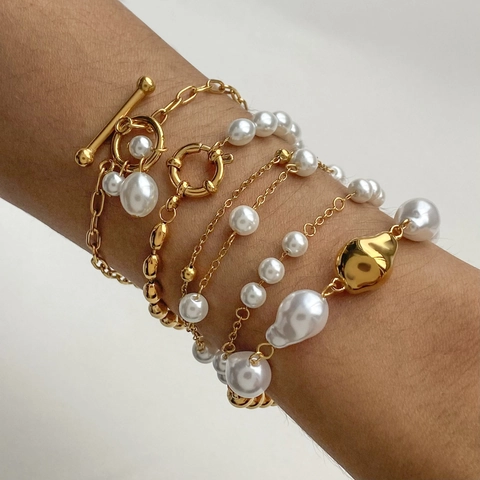 Edelstahl Künstliche Perlenarmband Für Damen Vergoldet Künstliche Barockperle Geometrische Gliederkette Wasserdicht Eleganter Schmuck