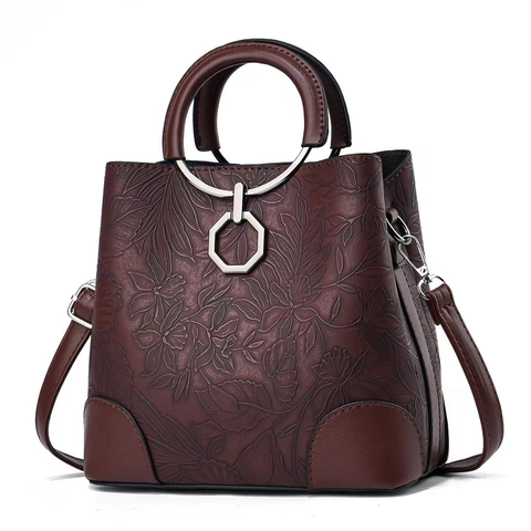 Fashionable Women PU Leather Bucket Bag Exquisite Floral Embossed Design Large Capacity Handbag Versatile Shoulder Crossbody Bag