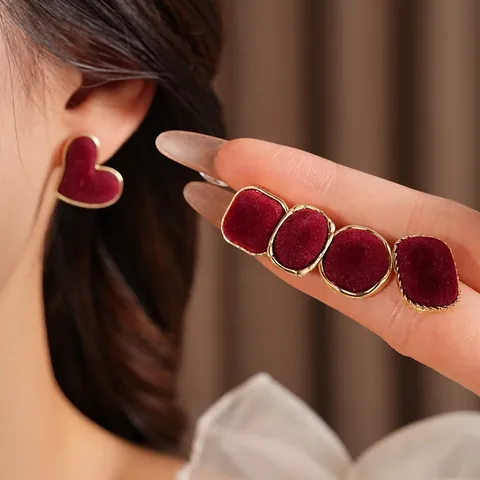 Orecchini A Lobo Vintage Cuore Geometrico Velluto Rosso Con Perno In Argento Sterling 925 Per Donna Gioielli Eleganti