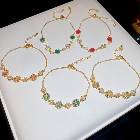 Bloem Klaver Verstelbare Armband Met Kunstparelmoer En Zirconia Elegante Gouden Koperen Ketting Sieraden Voor Vrouwen