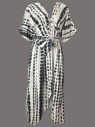 Vestito Maxi Donna Poliestere Elastan Tie Dye Scollo A V Maniche Corte Cintura Copricostume Spiaggia Bohemien Estate
