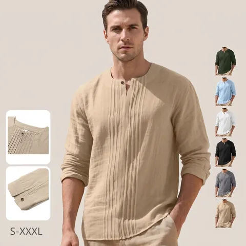 Heren Casual Linnenmix Overhemd Lange Mouwen Geplooide Voorzijde Henley Hals Retro Losse Strand Tops