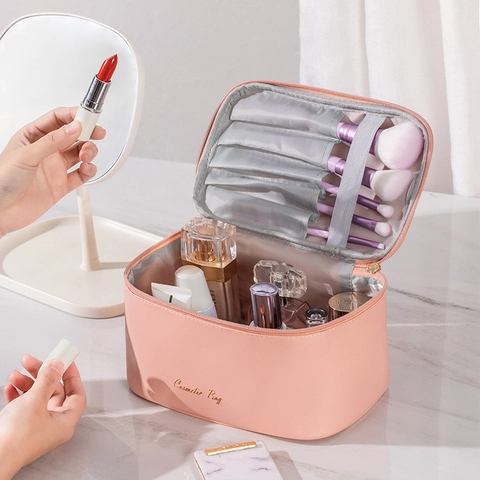 Grande Capacité Sac À Cosmétiques Cuir PU Imperméable Double Fermeture Éclair Portable Voyage Maquillage Toilette Organisateur Femmes