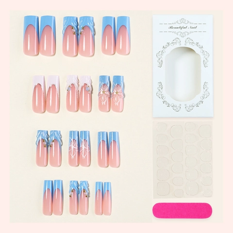 Handmade Long Coffin Press On Nails With 3D Relief Flowers And Artificial Pearls French Style Blue Pink White Nail Art