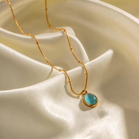 Collana con Pendente in Pietra Occhio di Gatto Blu in Acciaio Inossidabile Placcato Oro 18K Minimalista per Donna Gioielli