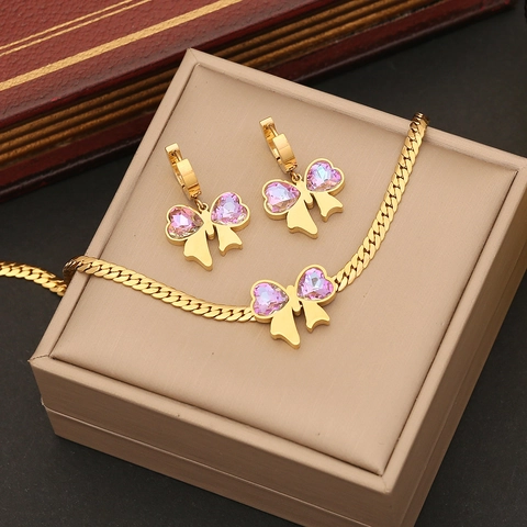 Bow Knot Jewelry Collection Gold Plated Stainless Steel Pink Heart Crystal Necklace Bracelet Earrings Elegant Trendy For Women