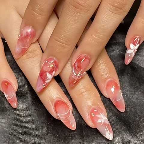 Almond Press On Nails Red Pink Gradient Marble White Floral Rhinestone Glossy False Fingernails Manicure Accessories