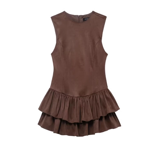 Robe Mini Sans Manches Simili Daim Volants Ourlet Superposé Col Rond Fermeture Éclair Dos Élégante Pour Femmes