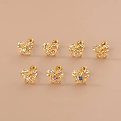Clous d'Oreille Papillon Zircone en Acier Inoxydable Piercing de Cartilage à Double Vis Style Coréen pour Femmes