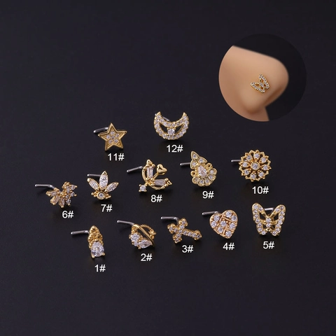 Piercing al Naso a Forma di L in Acciaio Inossidabile Rame Zirconia per Donna Stella Luna Farfalla Fiore Gioielli