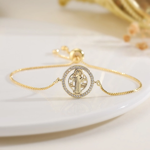 Pulsera Medalla Religiosa San Benito Cobre Bañado En Oro 18K Circonita Cadena De Caja Ajustable Para Mujeres
