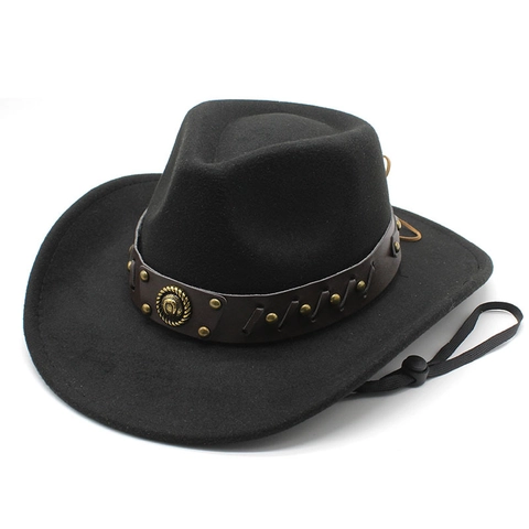 Chapeau De Cowboy Western Feutre Bord Large Bande Cuir Rivet Corde Vent Réglable Rétro Fedora Hommes Femmes