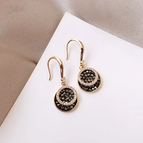 Round Plate Drop Earrings With 14K Gold Plated Copper Black Zircon Pave Inlay And 925 Sterling Silver Earring Post