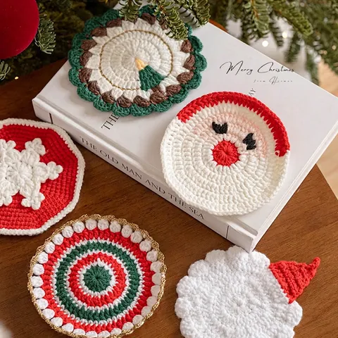Handmade Crochet Christmas Coasters Festive Acrylic Yarn Knitted Heat Resistant Cup Mat For Xmas Home Party Table Decoration Gift