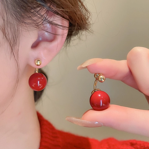 Double Sided Red Imitation Artificial Pearl Stud Earrings With Silver Earring Post Gold Plated Copper Vintage Style For Women