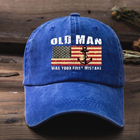 Cappello Da Baseball In Cotone Lavato Retro Regolabile Con Stampa Bandiera Americana E Ancora Slogan Old Man