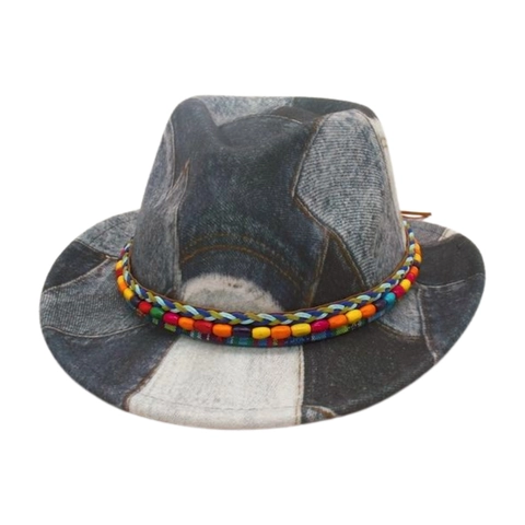 Kinderen Denim Patchwork Fedora Hoed Met Kleurrijke Houten Kralen Boheemse Etnische Stijl Zonbescherming Jazz Pet