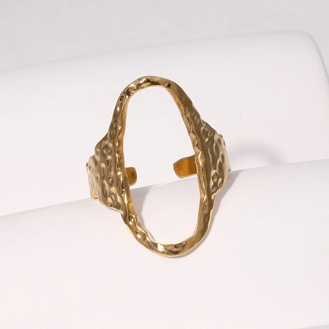 Geometric Oval Hollow Open Ring Stainless Steel Hammered Texture Minimalist Adjustable Fashion Jewelry For Women