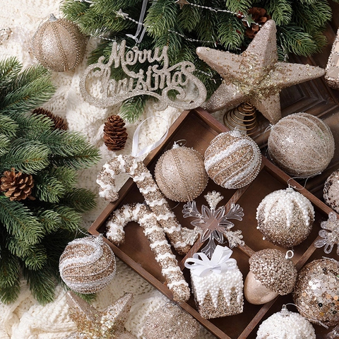 Addobbi Natalizi Appesi Glitter Schiuma Decorazione Albero Champagne Oro Argento Palla Stella Fungo Bastone Fiocco