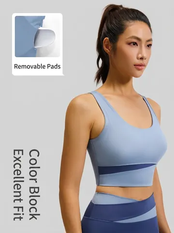 Soutien-gorge de Sport Femme Antichoc Impact Élevé Bloc de Couleur Yoga Fitness Course Top Rembourré