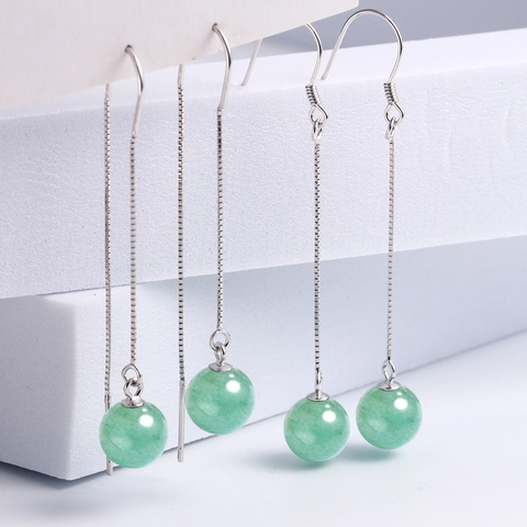 925 Sterling Silber Lange Quasten Ohrring Ohrfäden Mit Aventurin Jade Perlen Elegante Retro Schmuck Für Damen