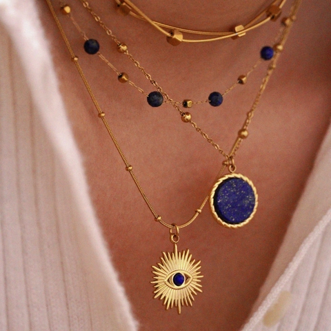 Evil Eye Lapis Lazuli Necklace Ring Jewelry Stainless Steel Gold Plated Sun Geometric Bohemian Style For Women