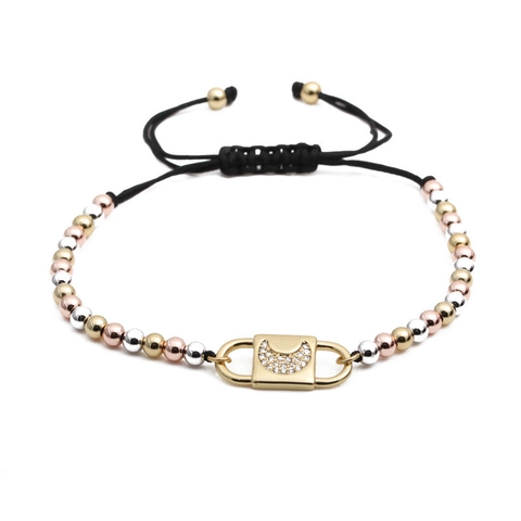Moon Pendant Adjustable Bracelet Copper Micro Pave Cubic Zirconia Tricolor Beads Black Rope Jewelry For Women Men